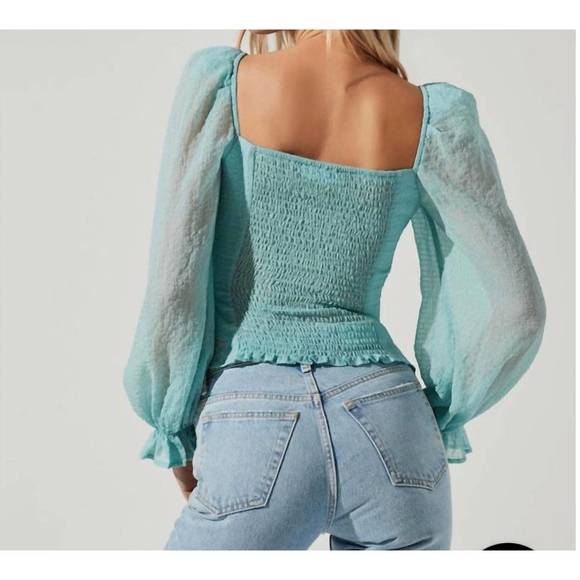 NEW ASTR tonina sheer long sleeve top in seafoam - Picture 2 of 3
